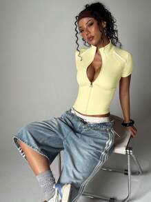 FWH Streetwear Hybrid,Relaxed-Fit Performance Top,High Neck Zip Detail,Tummy Control,Comfort Meets Style,Office-To-Pilates Transition,Perfect For Dance/Jogging,Retro Sporty Vibes + Modern Fits,Fashion Sports Jacket - Yellow - View 4