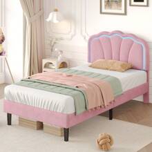 Flieks 3ft Single Upholstered Bed With LED Adjustable Shell Shape Headboard, Soft Velvet Bed Frame With Solid Wood Slat, No Box Spring Needed, Easy Assembly (No Mattress) - Pink - View 1