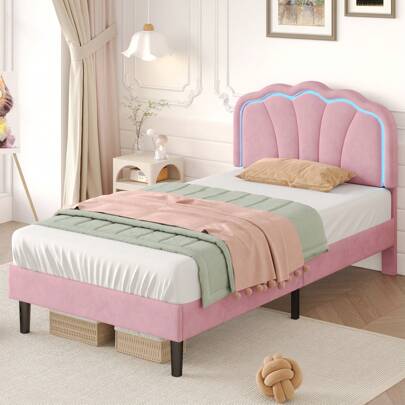  Flieks 3ft Single Upholstered Bed With LED Adjustable Shell Shape Headboard, Soft Velvet Bed Frame With Solid Wood Slat, No Box Spring Needed, Easy Assembly (No Mattress)