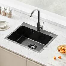 68cm Kitchen Sink Workstation, 304 Stainless Steel Top Mount Sinks, Drop-In Single Bowl Farmhouse Basin With Accessories, Household Dishwasher Sinks For RV, Prep Kitchen, And Bar (Black) - Black - View 9