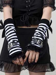 1 双 - Y2K 亚文化黑白条纹蕾丝袖套，洛丽塔甜美酷炫 JK 袖套，夏季薄款朋克风 - 蝴蝶結卡扣袖套 - 查看 6