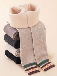 女童纯色打底裤，保暖紧身裤，学院风，加厚保暖内衬七分裤，适合秋冬季穿着 - 杏色 - 查看 1