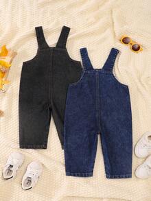 2 件套幼儿男童休闲蓝黑色牛仔背带裤，春秋装，含胸带衬衫和工装裤 - 彩色 - 查看 2