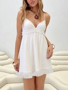 女士休闲性感波西米亚风假日亚麻 V 领宽松可爱短款吊带连衣裙，带花卉蕾丝拼接，适合音乐节、派对、时尚日常穿着、海滩度假、日常穿着