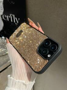 1pc Black Rhinestone Inlaid Shiny Full Coverage Comfortable Grip Phone Case Compatible With Iphone 16 Waterproof Shockproof Anti-Fall Scratch Resistant - Gold - View 3
