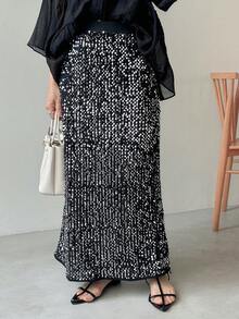 FRIFUL 女士直筒亮片装饰极简半身裙，休闲新年嘉年华女装 - 黑色 - 查看 6