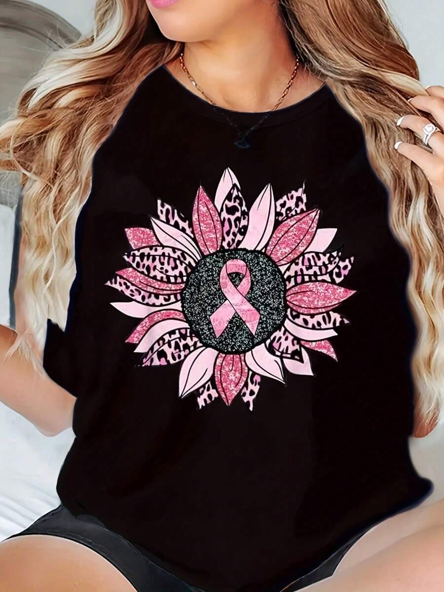 Large Size Pink Breast Cancer Awareness Tees Women's Graphic Tees Casual Tops Cute T-Shirt Fashion Gifts Short Sleeve