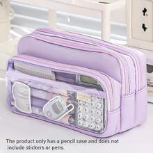 [ Cosmetic Bag] Large Light Blue Multi-Compartment Pencil Case | Twill Fabric With Clear Window, Portable Cosmetic Bag For Stationery, Makeup, And Accessories, Makeup Organizer,Back To School - Multicolor - View 17