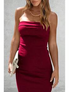 Women's Summer Bodycon Maxi Tube Dress Ribbed Strapless Side Slit Long Going Out Casual Elegant Party DressesHalloween Christmas New Year - 酒紅色 - 查看 3