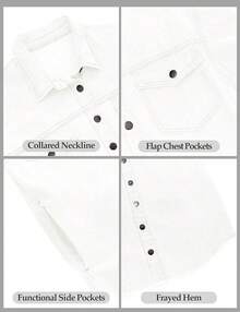 Vetinee Women's Oversized Button Up Frayed Hem Shacket Long Sleeve Pockets Denim Jean Jacket - Brilliant White - 查看 6
