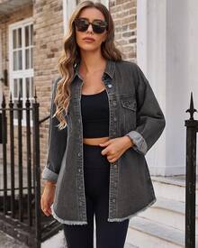 Chaqueta de jean con botones, dobladillo deshilachado, mangas largas y bolsillos para mujer, de talla grande - Gris ahumado - Ver 3
