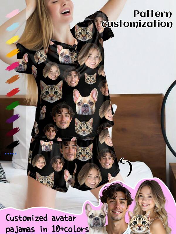 Conjunto de pijama personalizado para mujer con impresión fotográfica grande única, reemplazo de rostro de pareja, temática festiva, perro, colorido, lindo, adorable, simple, divertido, personalizado, único, personalizado, regalo ideal para él, regalo ideal para ella, novio, novia, familia, amigos, ella