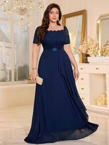 Đầm maxi cỡ lớn cổ chữ V ren hoa phối bèo nhún bằng chiffon, thanh lịch cho các dịp trang trọng như dạ hội, vũ hội, tiệc cưới, tiệc mùa xuân. - Màu xanh hải quân - Xem 11