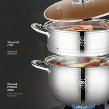 2layers Stainless Steel Steamer, SUS304 Material. Suitable For Making Soups, Seafood,Stews, Cream Soups And Small Cooking Pots, Gas Stoves And Induction Cookers Can Be Match - Silver - View 3