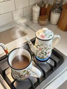 1pc/2pcs Colorful Enameled Coffee/Tea Pot, 1.2L Delicate Enamel Coffee Pot, Handle Pot Coffee Pot, Slim Spout Oil Pot Kettle, Family Boiling Pot, Tea Pot, Gift Pot For Home, Cafe, Party, Household Decor, Small Items Storage Bowl, Coffee Beans, Tea Leaves Storage, Tea Set Accessories, Thick Manual Tilting Water Pot, Floral Pattern Tea Pot, For Electric Or Gas Stove Coffee/Tea Brewing