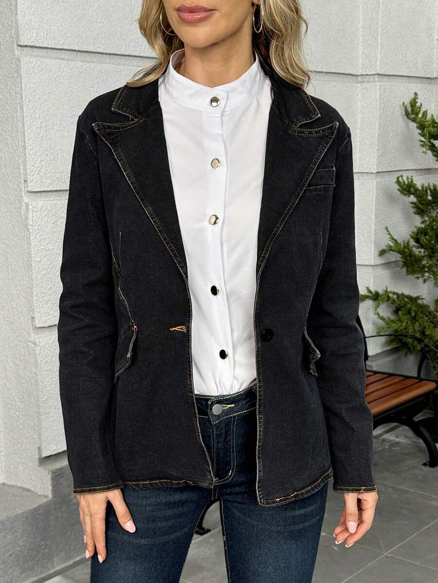 Chaqueta vaquera negra informal para mujer con cuello de solapa y cierre de botones, abrigo estilo bomber de manga larga y corte regular con bolsillos para un look vintage otoñal. - Negro - Ver 1