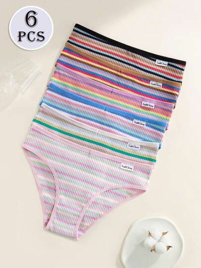 6pcs Pack Women's Underwear - Elegant Rainbow Striped High Elasticity Breathable Soft Low-Waist Briefs, Comfortable For Holidays