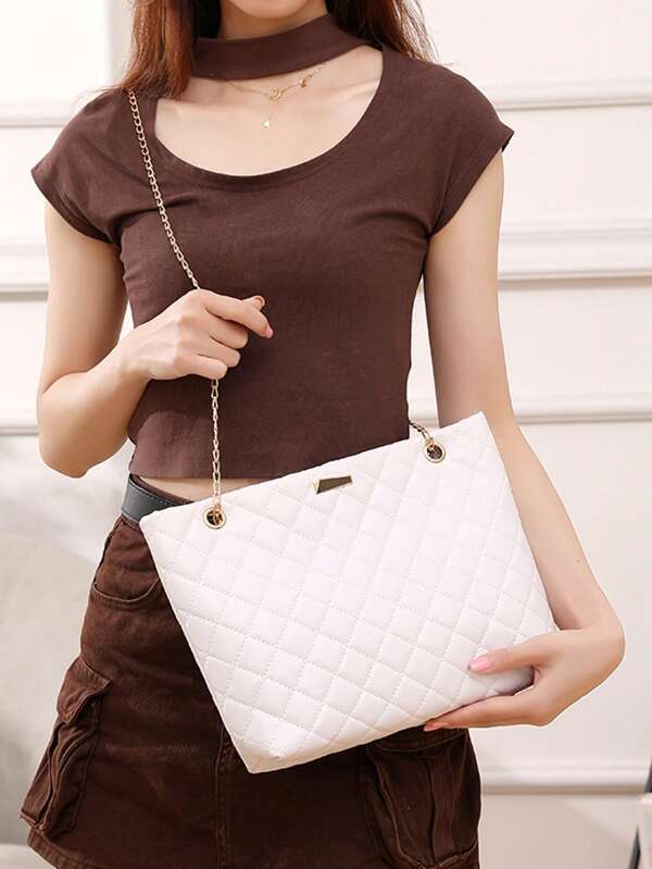 Bolso de mano con bordado de rombos, ¡sensación de alta gama! Bolso de mano con cadena dorada, adecuado para mujeres, gran capacidad, perfecto para vacaciones y compras diarias