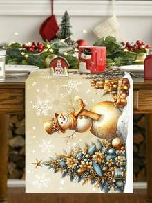 1pc 35x180cm Christmas Polyester Tablecloth, Vintage Gold Theme Polyester Tablecloth With Santa Claus And Snowman Pattern, Decorative Cloth For Family Dinner Party, Holiday Decor - Multicolor - View 7
