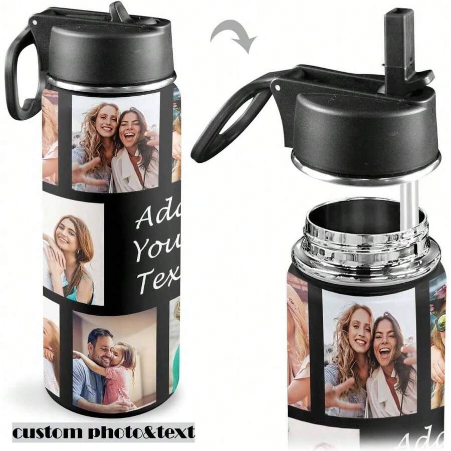 1pc 18oz Customized Ten Photos And Text For Men Women Personalized Travel Sports Water Bottle With Straw Lid, Custom Stainless Steel Water Bottle Cup, Suitable For Birthday Gifts, Holiday Gifts, Daily Gifts Surprises For Family Friends Lovers - Black - View 1
