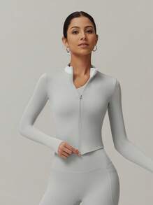 6pecil 1 pezzo Giacca sportiva con chiusura lampo, maniche lunghe, con foro per il pollice, in colori a contrasto, adatta per yoga, autunno/inverno, giacca con chiusura lampo per donna