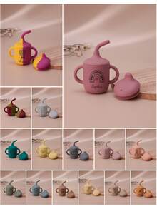 1PC Baby Personalized Customization Name And Pattern Silicone Cups Baby Tableware Plain Water Bottle Kids Custom Sippy Cup With Double Lids - Multicolor - View 2