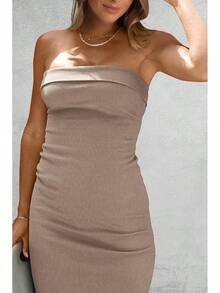 Women's Summer Bodycon Maxi Tube Dress Ribbed Strapless Side Slit Long Going Out Casual Elegant Party DressesHalloween Christmas New Year - 卡其色 - 查看 5