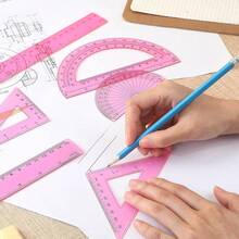 1 Set de Útiles de Geometría de Plástico Incluye Dibujo, Transportador de 6 Pulgadas y 4 Pulgadas, Reglas de 45/60 Grados de 12 Pulgadas y 6 Pulgadas, Suministros de Oficina Transparentes (Rosa) - Rosa - Ver 6