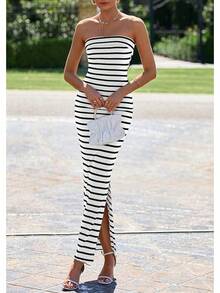 Women's Summer Bodycon Maxi Tube Dress Ribbed Strapless Side Slit Long Going Out Casual Elegant Party DressesHalloween Christmas New Year - 寬條紋黑白 - 查看 4