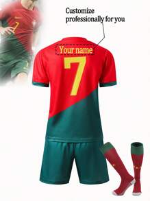 Customized Name/Number/Team Uniform, Portugal National Team, Boys' Sportswear Set, Crew Neck Top And Shorts