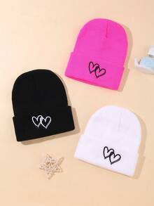 3 Piecesembroidered Double Heart Children's Knitted Hat For Daily Casual Wear For Boys And Girls, Autumn, Spring And Winter Anti-Cold - Multicolor - View 1