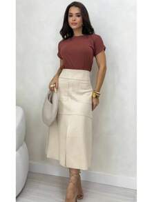 WOMEN'S SUEDE SKIRT WITH ZIPPER AND POCKET. STYLE AND ELEGANCE. - Off - White - View 8