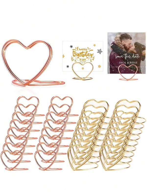 10/20/30/50Pcs Heart Shape Metal Photo Clip Stands Wedding Table Number Name Place Card Holder For Valentine's Day Birthday Party Table Sign Decor