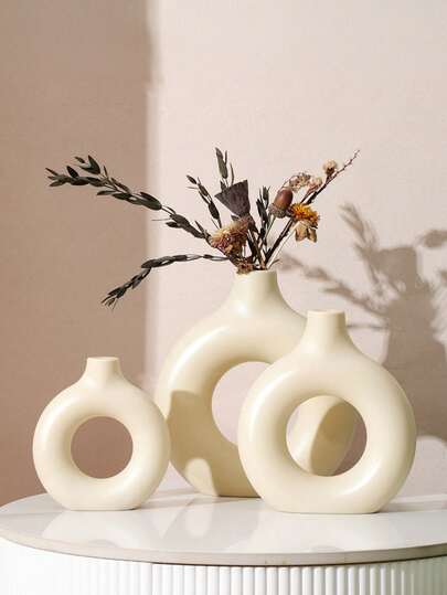 1 件米色塑料圆形花瓶装饰，人造花瓶，简约花瓶，适合客厅、展厅装饰