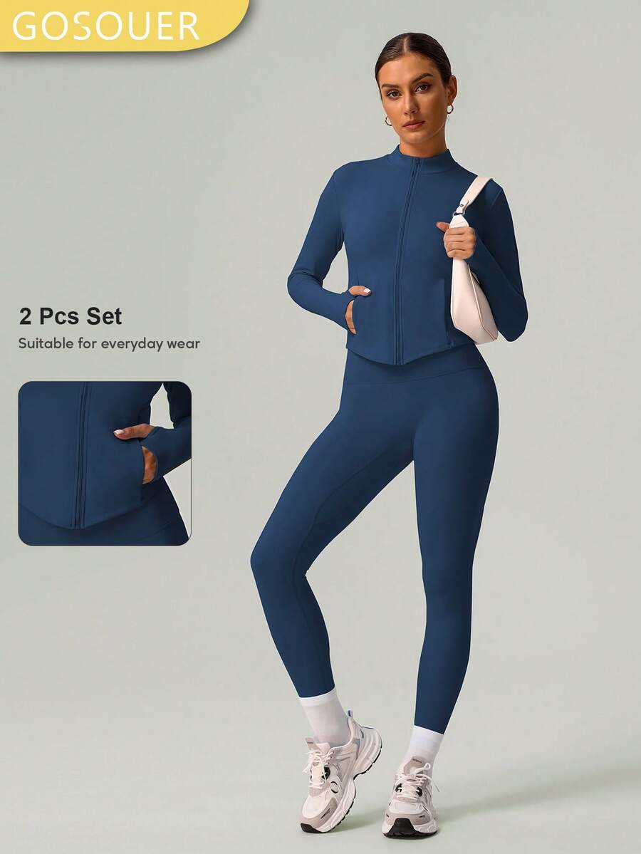 GOSOUER 2 PCS Co Ord Set Women's Classic Light Fleece Warm Outdoor Sports Jacket With Butt Lifting Yoga Legging For Winter Autumn - Navy Blue - View 1