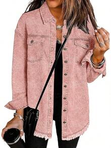 Vetinee Women's Oversized Button Up Frayed Hem Shacket Long Sleeve Pockets Denim Jean Jacket - 藕粉色 - 查看 1