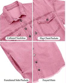 Vetinee Women's Oversized Button Up Frayed Hem Shacket Long Sleeve Pockets Denim Jean Jacket - 紫丁香玫瑰 - 查看 6