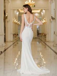 MisShow Plain    Elegant  Party    Zipper  Contrast Mesh  Backless    Wedding - 白色 - 查看 4