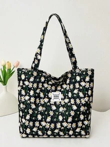 Cherry Print Simple Bucket Large Shoulder Tote Bag, Student Girl Shoulder School Bag, Heart Print Sweet Bag, Corduroy Tote Bag, Fashion Tote Bag For All Seasons - Black - View 7