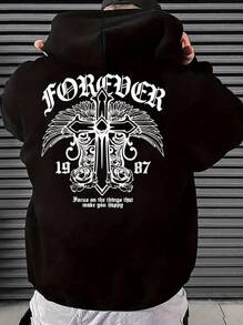 Men's Loose Drawstring Hoodie With Pockets, Printed Design, Casual For Autumn/Winter