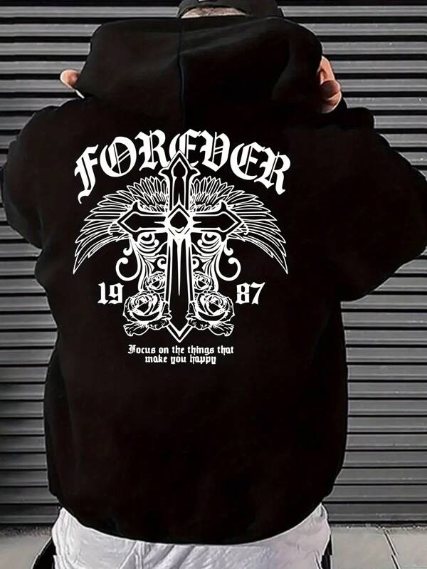 Men's Loose Drawstring Hoodie With Pockets, Printed Design, Casual For Autumn/Winter