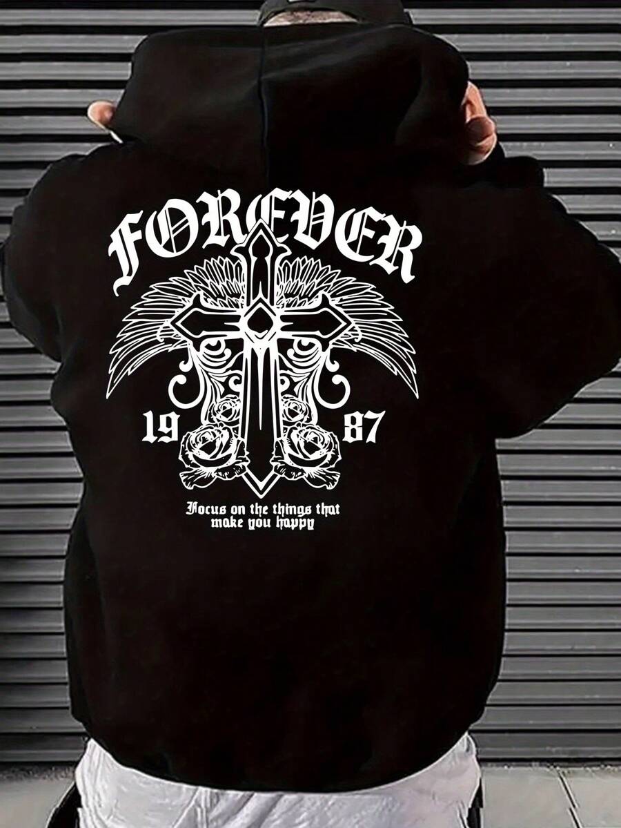 Men's Loose Drawstring Hoodie With Pockets, Printed Design, Casual For Autumn/Winter