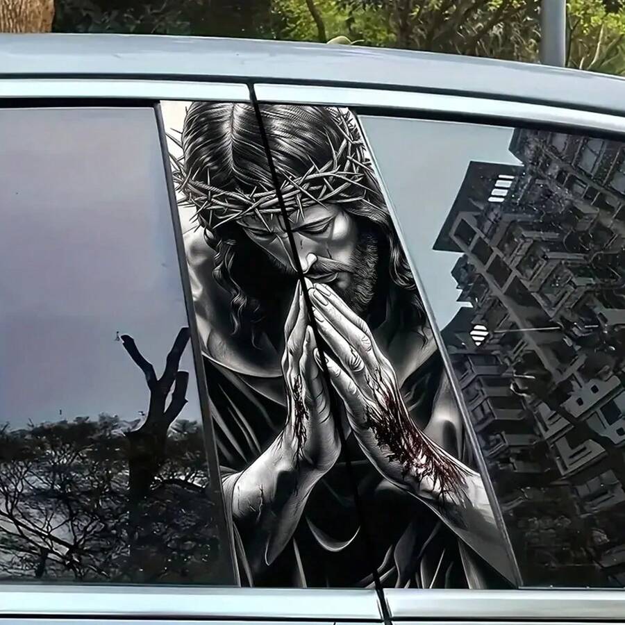 2 件耶稣祈祷图案乙烯基贴纸，车门柱保护贴纸 - B 柱，易于粘贴和撕开，防晒、防水、防刮汽车装饰贴花