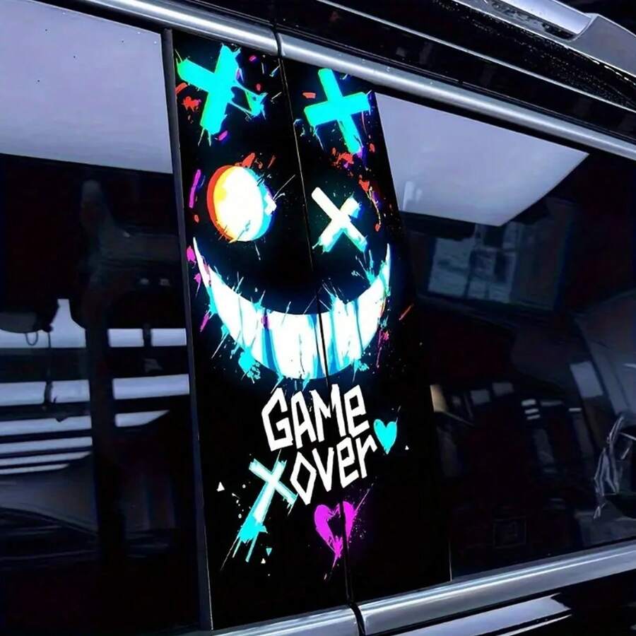 2pcs-Punk-Style Car Sticker B-Pillar - Waterproof And Scratch-Resistant Vinyl Base Material, With Neon Blue And Pink Splash Design, Self-Adhesive Suitable For Cars, Laptops And All Vehicles - Anime-Inspired Semi-Matte Effect, Car Sticker