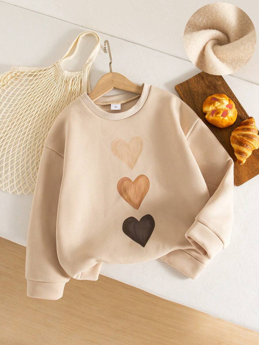 女童休闲外向心形印花圆领落肩长袖羊毛运动衫上衣，秋冬 - 卡其色 - 查看 1
