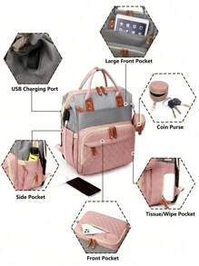 1pc Baby Diaper Bag Backpack With Changing Station, Multifunction Portable Waterproof Large Capacity Travel Baby Changing Bags, Baby Stuff Organizer , Baby Registry Search, Baby Diaper Bags For Boys & Girls, Baby Shower Gifts, Newborn Baby Essential Gifts - Pink Gray - View 2