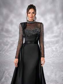 YISIKADO فستان نسائي فاخر بأكمام طويلة وياقة مرتفعة من الشبكة والأقمشة الساتان المخملي مع تفاصيل من الراين لحفلات التخرج والحفلات الرسمية وحفلات الزفاف