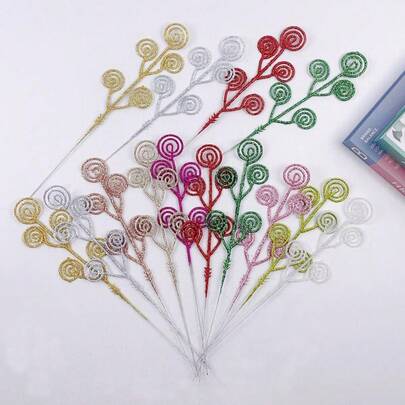 2PCS Christmas Tree Gold Sprays Candy Shape Curl Sticks Spray Branches Glitter Artificial Stem Picks, Christmas Tree Stem Ornaments For DIY Crafts Garland Christmas Home Decor, Wedding Wreath Decoration Vase Filler Christmas Ornaments