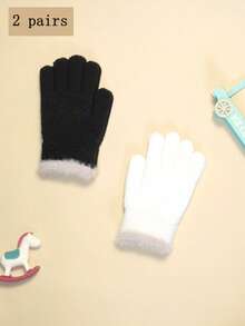 1 Par / 2 Pares de Guantes de Invierno Acolchados para Niños, Guantes de Punto Cálidos y a Prueba de Frío de Dedo Completo para Niños y Niños, Adecuados para Exteriores y Esquí, Apropiados para Niños de 3 a 12 Años - Peluche de color sólido - Ver 12