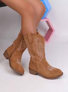 Autumn/Winter New Kids Boots, Embroidered Fashion Western Cowboy Boots, Pointed Toe Chunky Heel Lightweight Stylish Ankle Boots, Suitable For Girls To Attend Parties And Outings